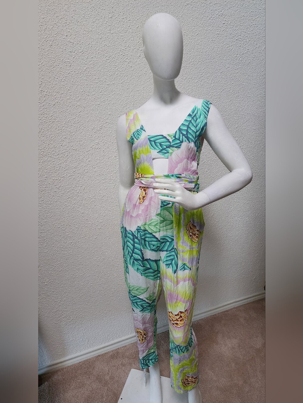 Mara Hoffman Tropical Floral Cutout Wide-Leg Jumpsuit in Green & Pink